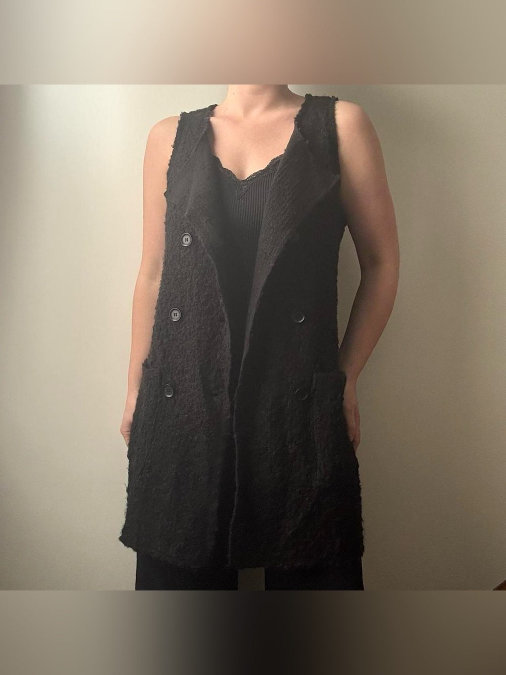 Sanctuary black wool blend fuzzy shaggy knit long sleeveless button up vest